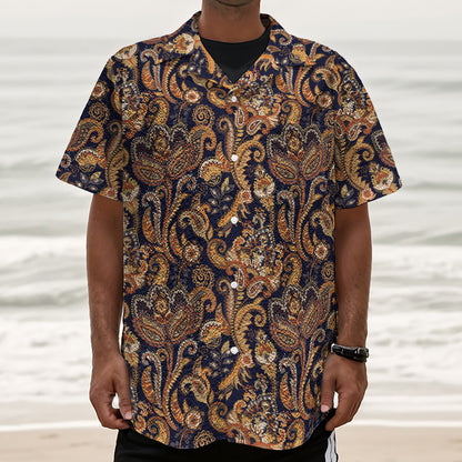 Gold And Blue Paisley Pattern Print Textured Short Sleeve Shirt
