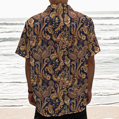 Gold And Blue Paisley Pattern Print Textured Short Sleeve Shirt