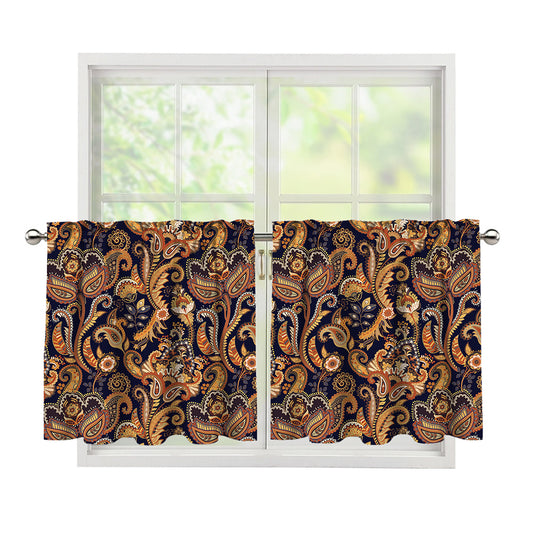 Gold And Blue Paisley Pattern Print Tier Curtains