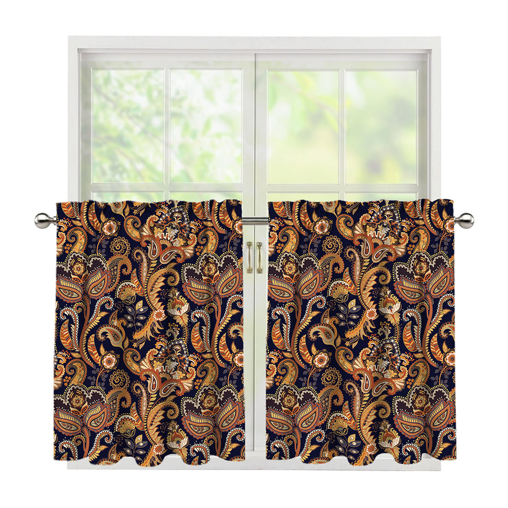 Gold And Blue Paisley Pattern Print Tier Curtains