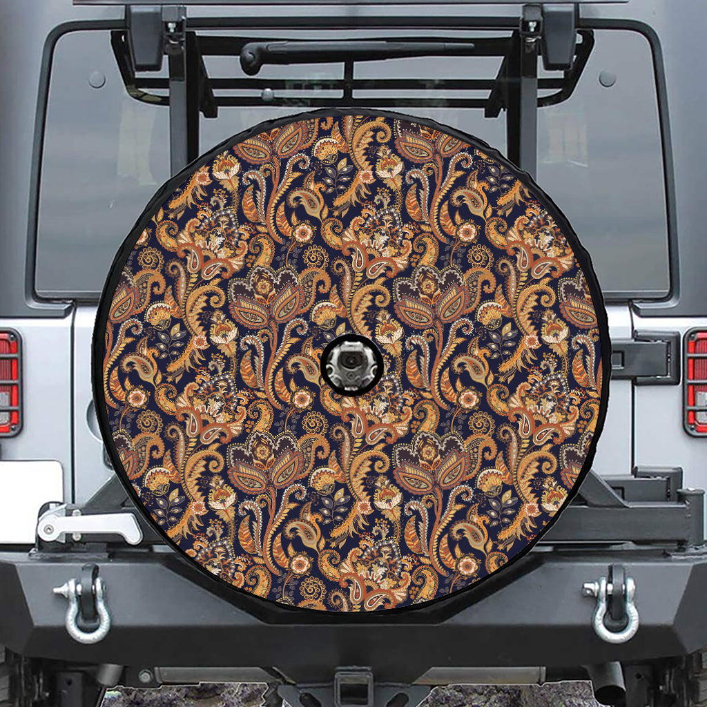 Gold And Blue Paisley Pattern Print Tire Cover With Camera Hole