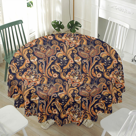 Gold And Blue Paisley Pattern Print Waterproof Round Tablecloth