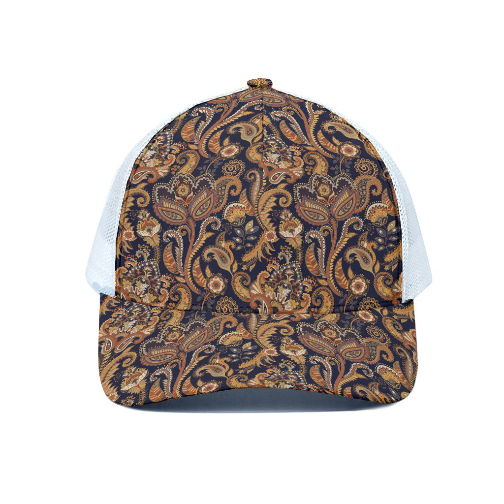 Gold And Blue Paisley Pattern Print White Mesh Trucker Cap