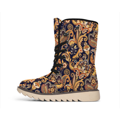 Gold And Blue Paisley Pattern Print Winter Boots