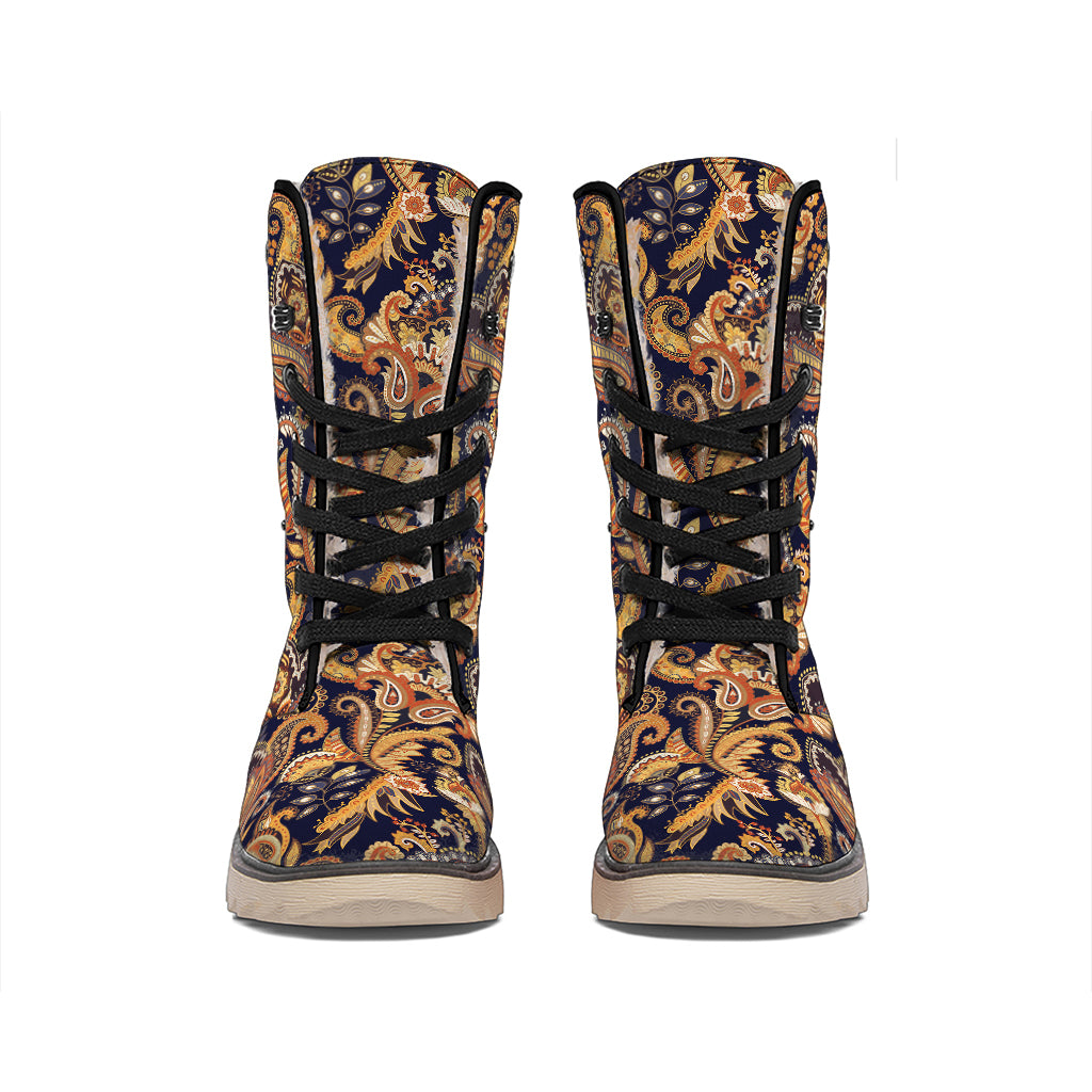 Gold And Blue Paisley Pattern Print Winter Boots