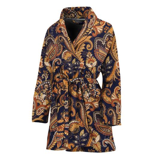 Gold And Blue Paisley Pattern Print Women's Bathrobe