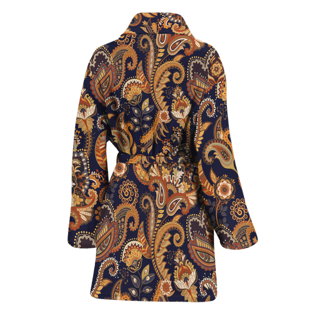 Gold And Blue Paisley Pattern Print Women's Bathrobe