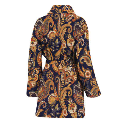 Gold And Blue Paisley Pattern Print Women's Bathrobe