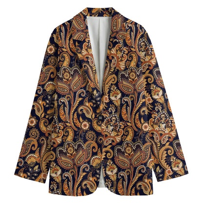 Gold And Blue Paisley Pattern Print Women's Blazer