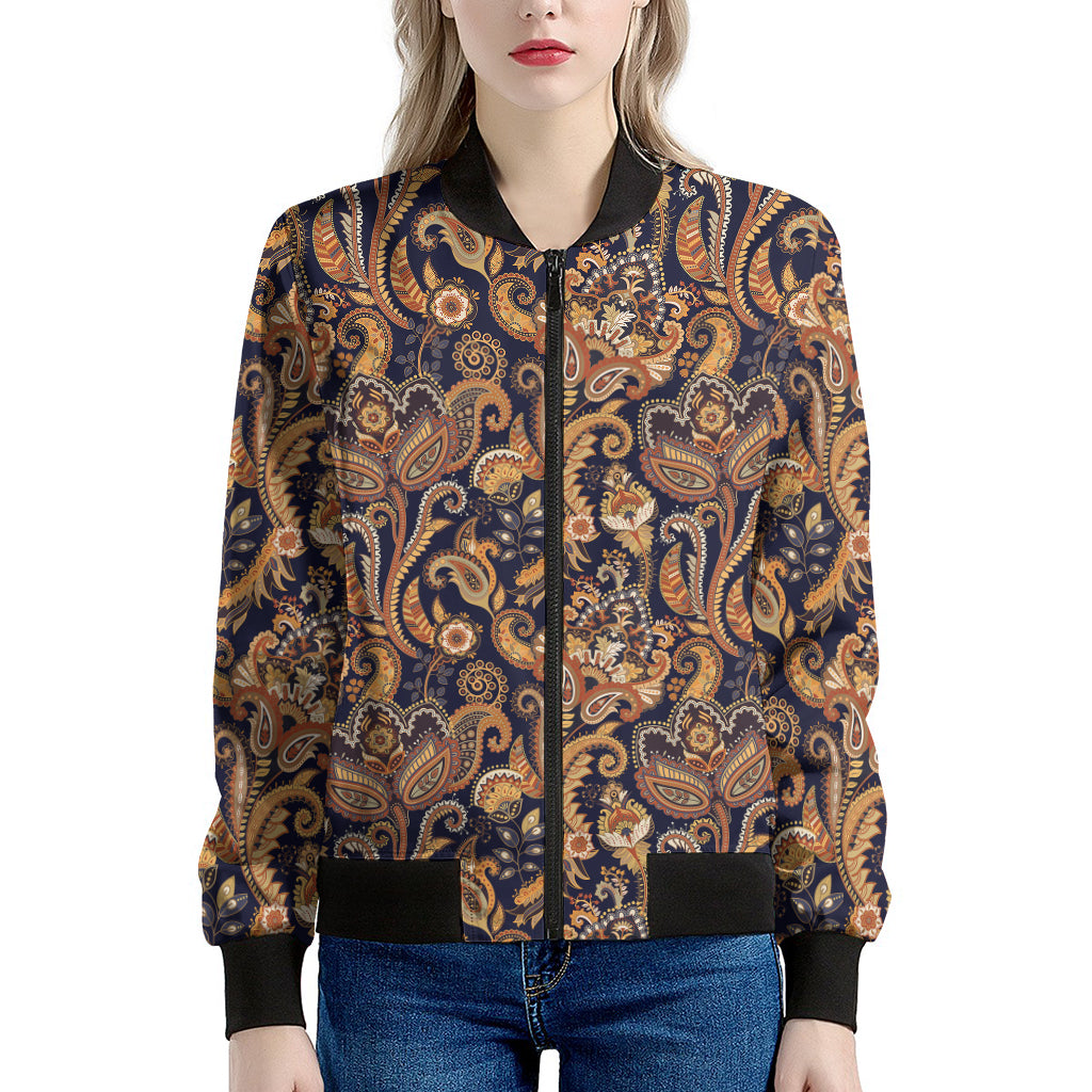 Gold And Blue Paisley Pattern Print Women's Bomber Jacket