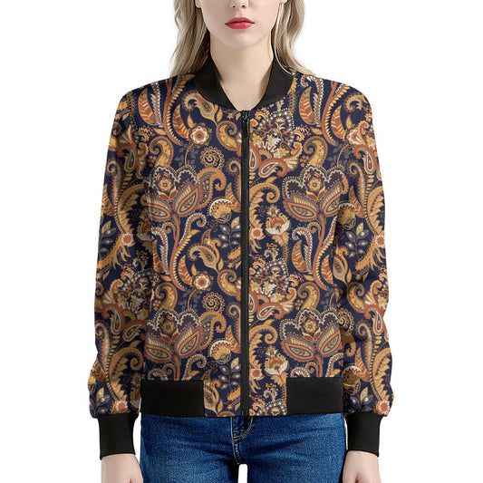 Gold And Blue Paisley Pattern Print Women's Bomber Jacket