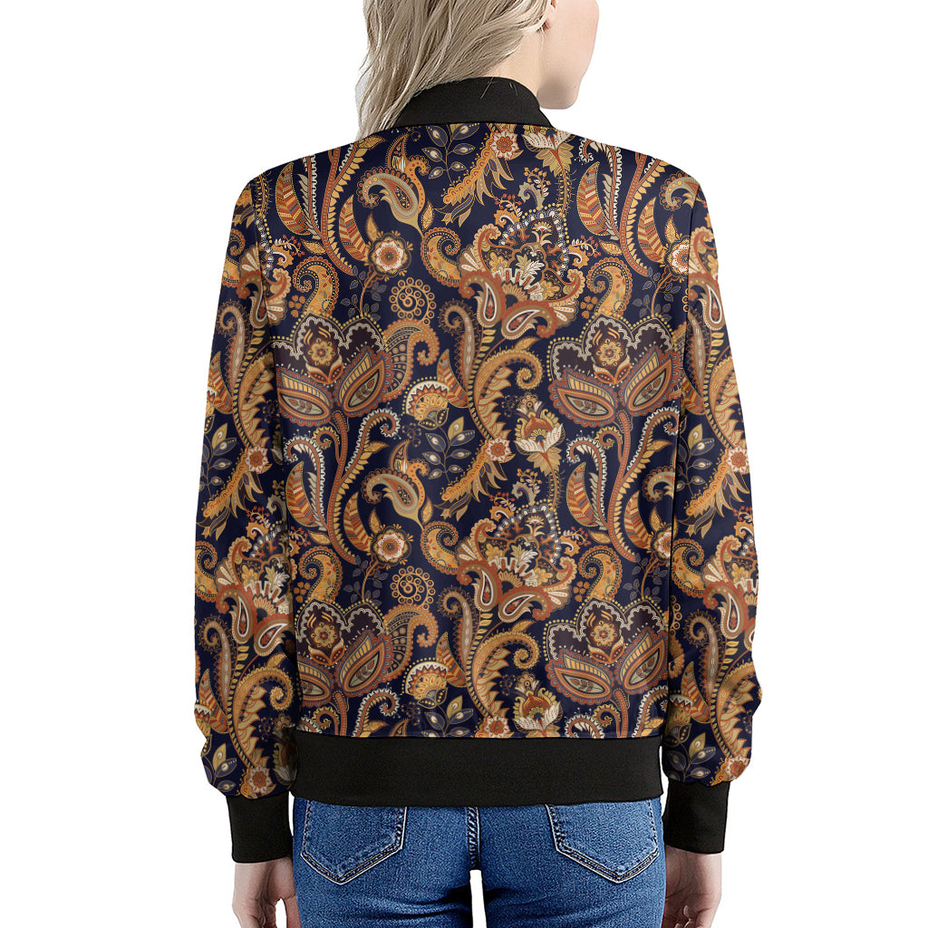 Gold And Blue Paisley Pattern Print Women's Bomber Jacket