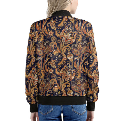Gold And Blue Paisley Pattern Print Women's Bomber Jacket