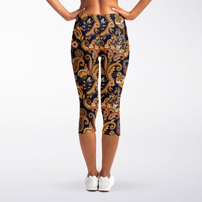 Gold And Blue Paisley Pattern Print Women's Capri Leggings