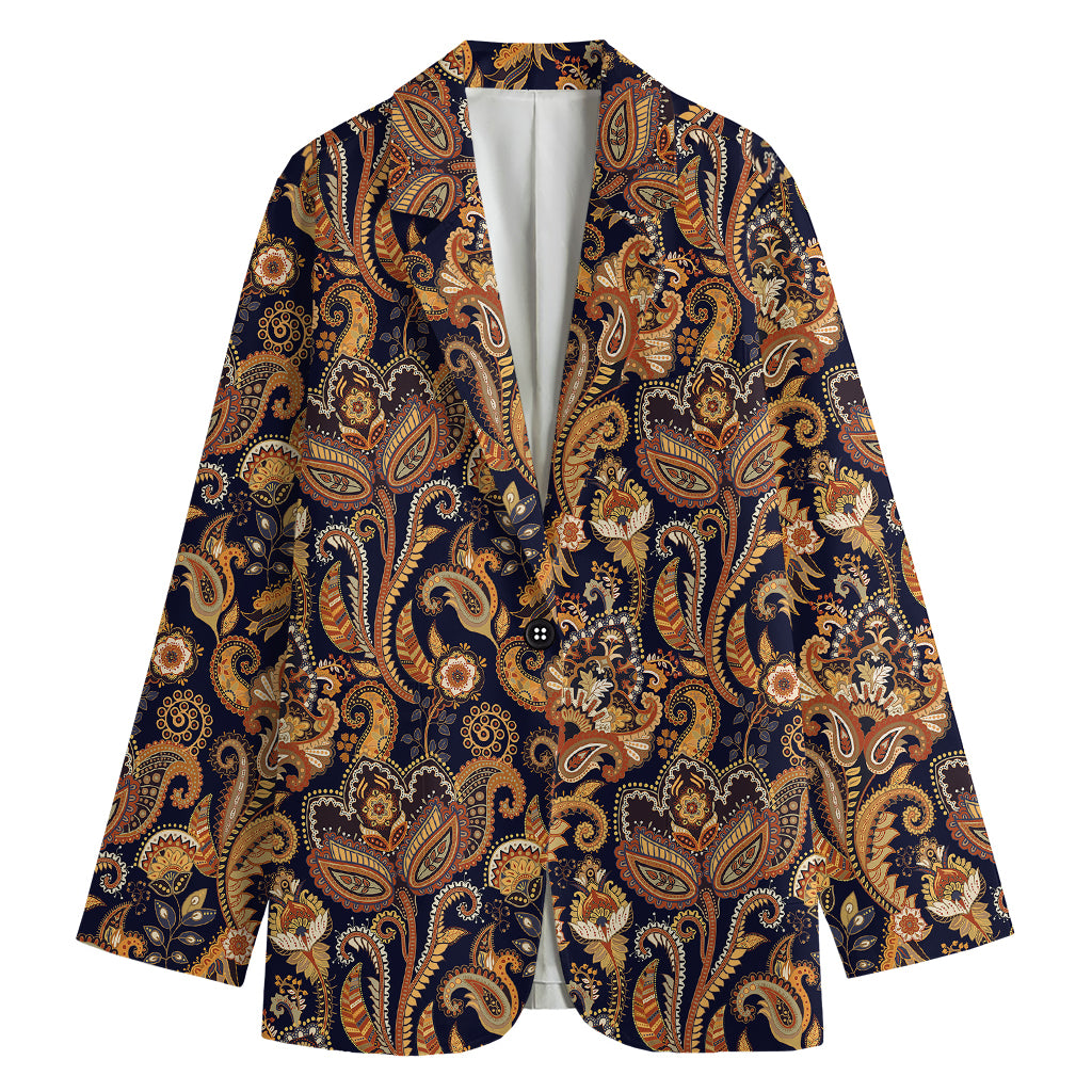 Gold And Blue Paisley Pattern Print Women's Cotton Blazer