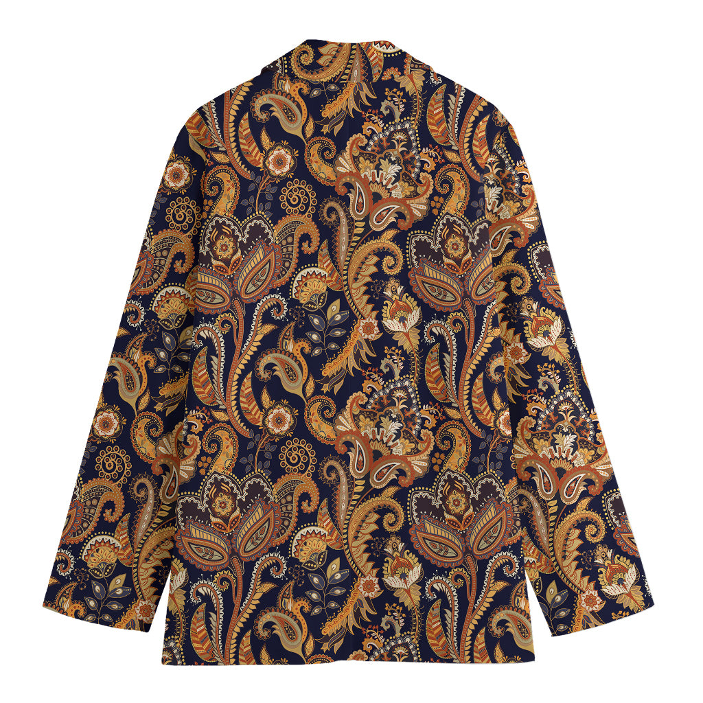 Gold And Blue Paisley Pattern Print Women's Cotton Blazer