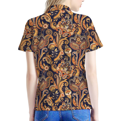 Gold And Blue Paisley Pattern Print Women's Polo Shirt