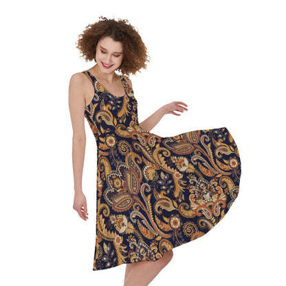 Gold And Blue Paisley Pattern Print Women's Sleeveless Dress