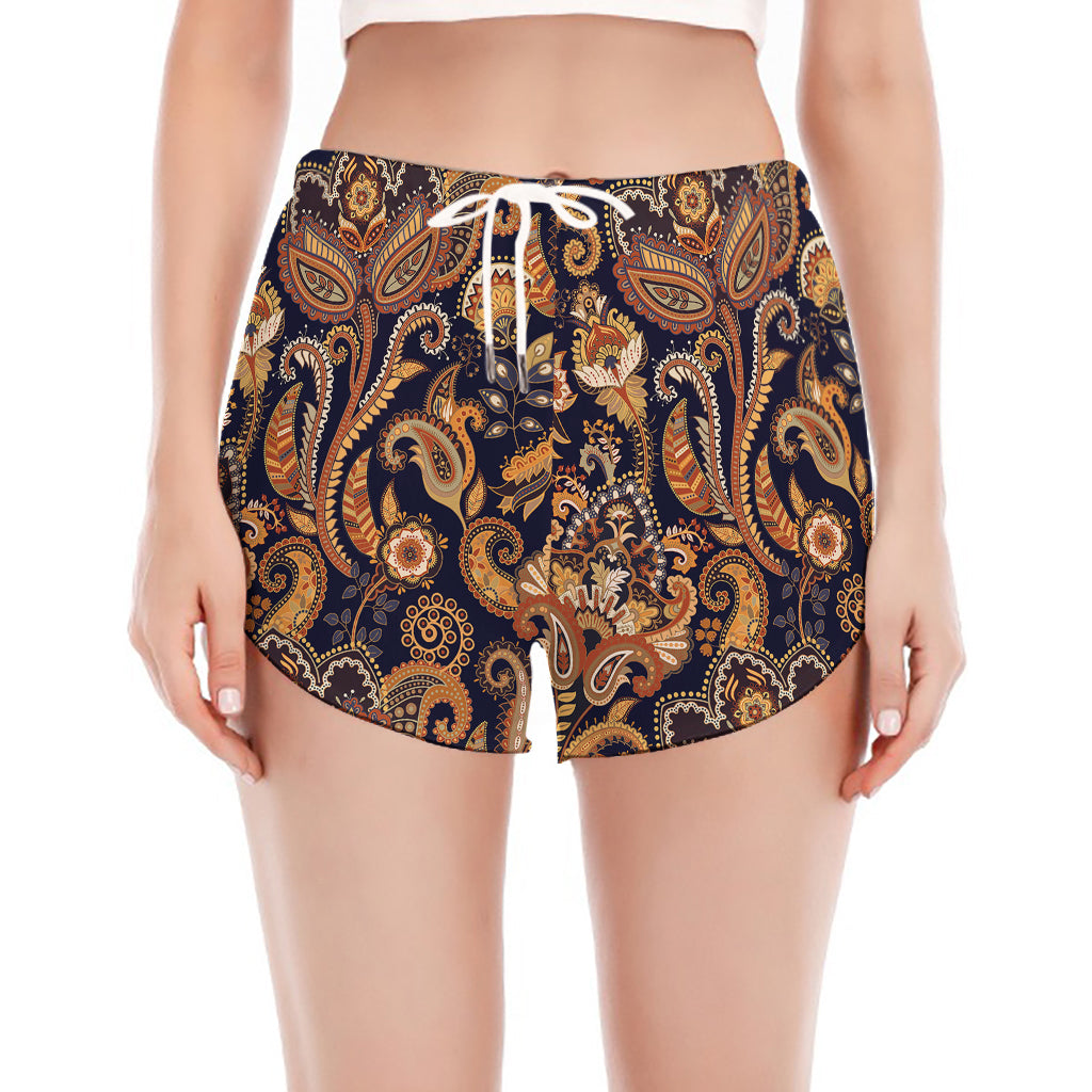 Gold And Blue Paisley Pattern Print Women's Split Running Shorts