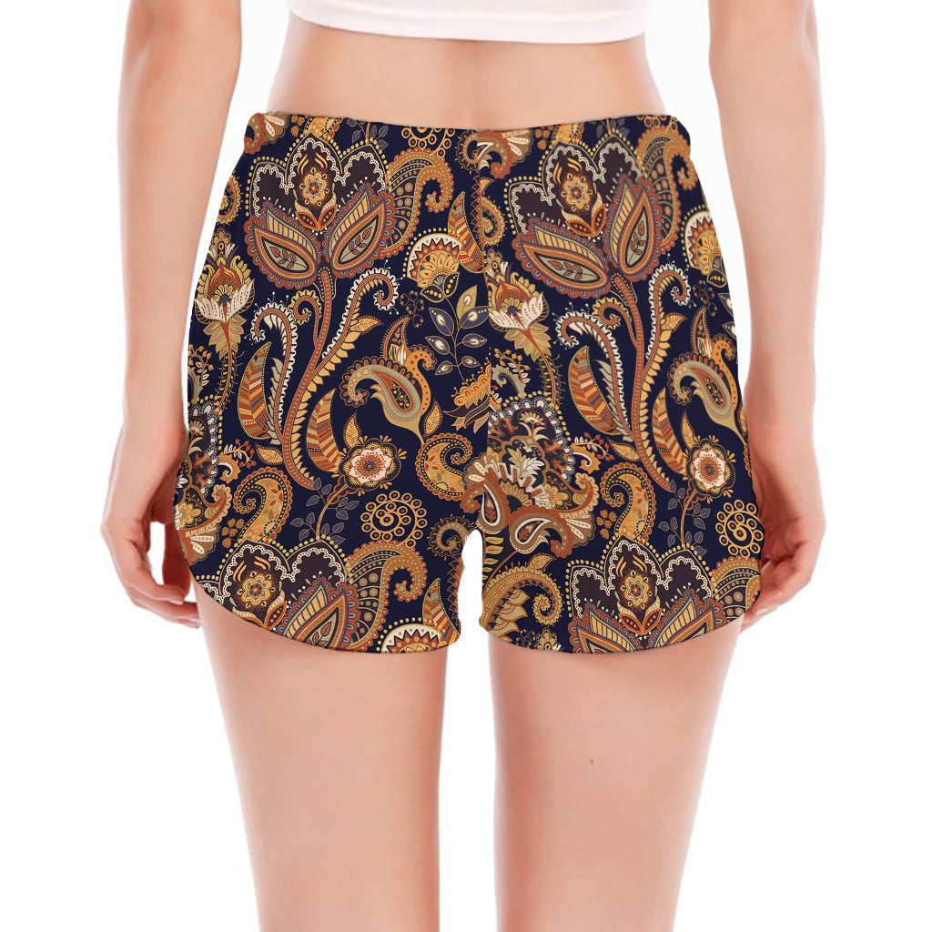 Gold And Blue Paisley Pattern Print Women's Split Running Shorts
