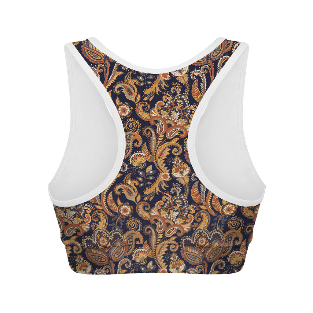 Gold And Blue Paisley Pattern Print Women's Sports Bra