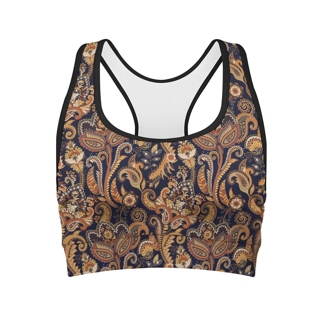 Gold And Blue Paisley Pattern Print Women's Sports Bra