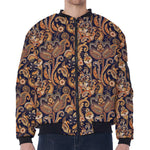 Gold And Blue Paisley Pattern Print Zip Sleeve Bomber Jacket