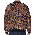 Gold And Blue Paisley Pattern Print Zip Sleeve Bomber Jacket