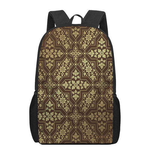 Gold And Brown Thai Pattern Print 17 Inch Backpack