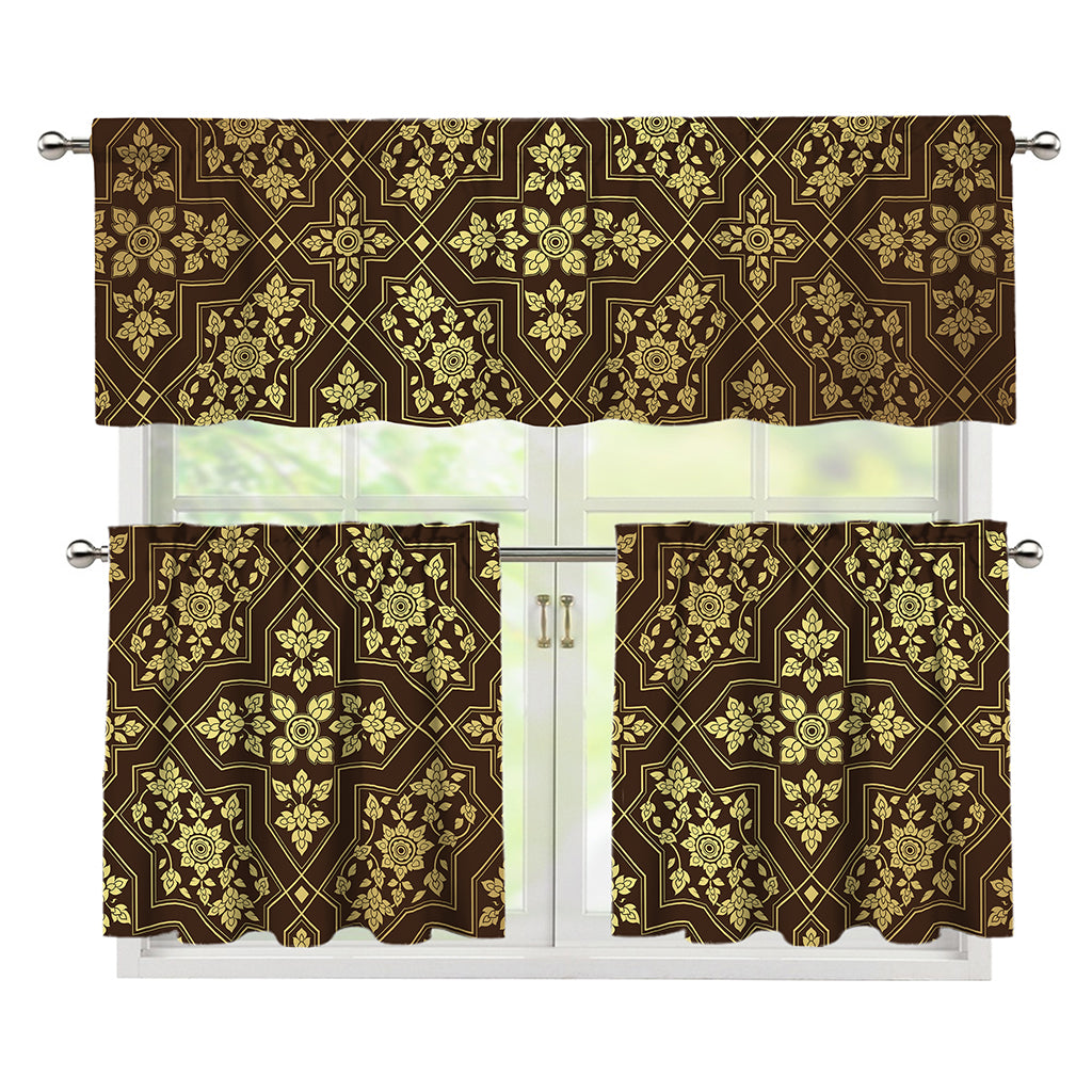 Gold And Brown Thai Pattern Print 3 Piece Kitchen Curtains
