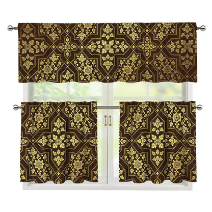 Gold And Brown Thai Pattern Print 3 Piece Kitchen Curtains