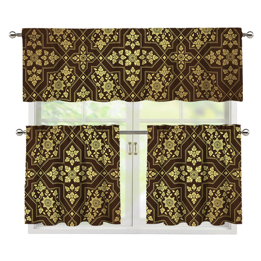 Gold And Brown Thai Pattern Print 3 Piece Kitchen Curtains