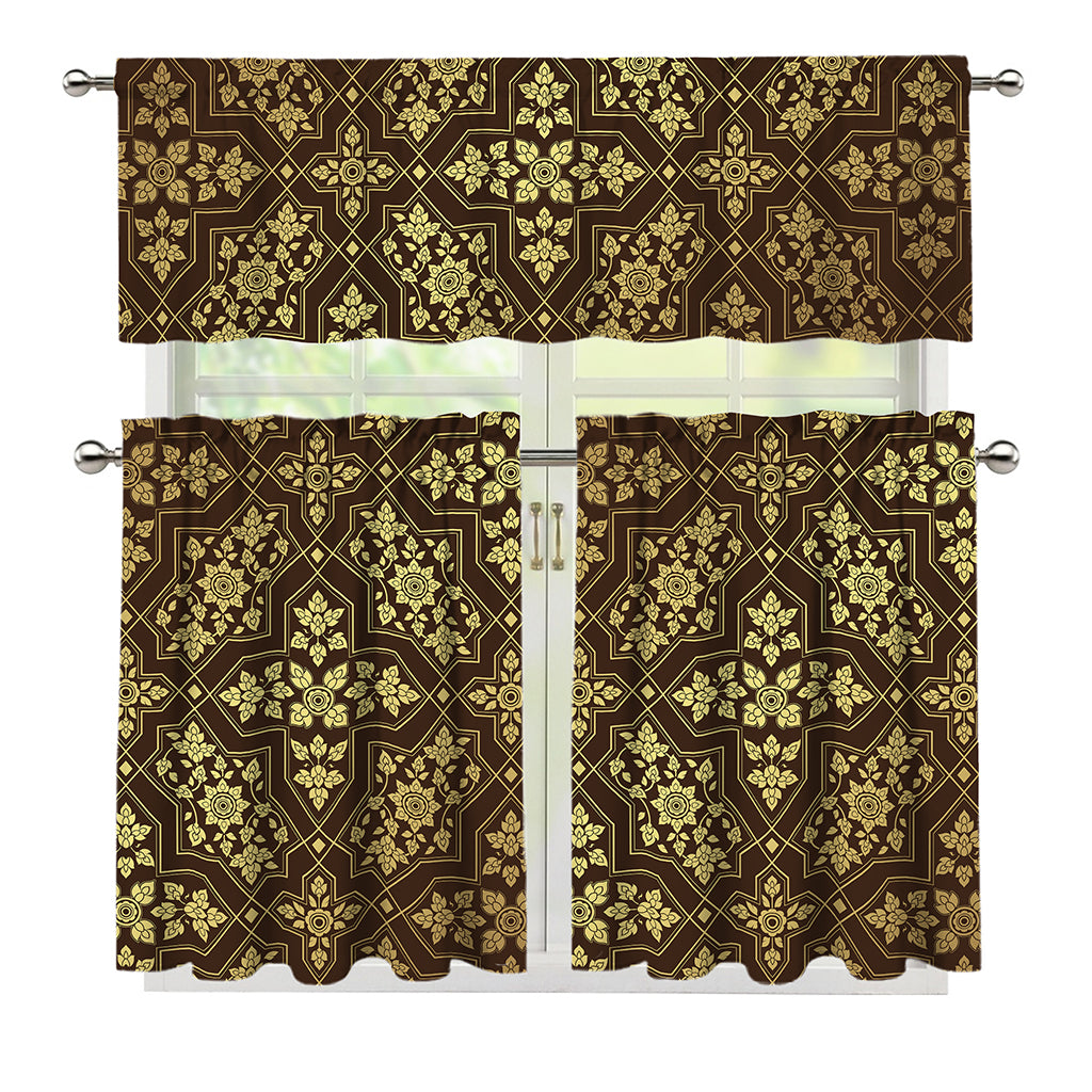 Gold And Brown Thai Pattern Print 3 Piece Kitchen Curtains