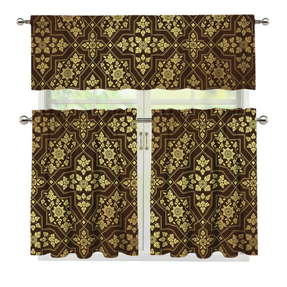 Gold And Brown Thai Pattern Print 3 Piece Kitchen Curtains