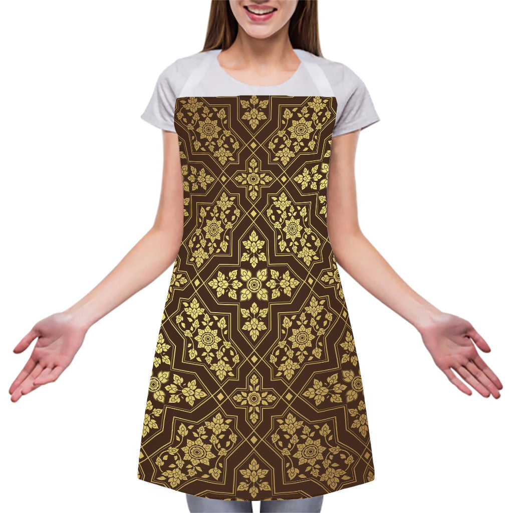 Gold And Brown Thai Pattern Print Adjustable Apron