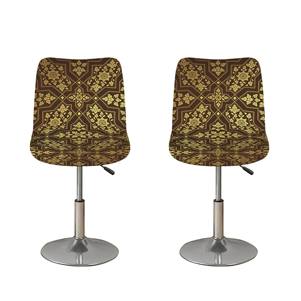 Gold And Brown Thai Pattern Print Bar Stool Covers
