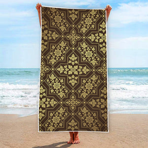 Gold And Brown Thai Pattern Print Beach Towel