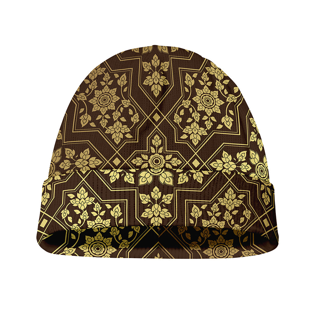 Gold And Brown Thai Pattern Print Beanie