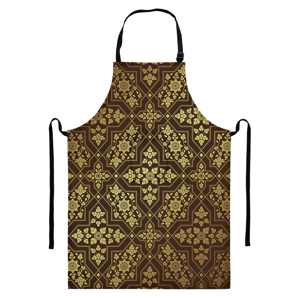 Gold And Brown Thai Pattern Print Bib Apron With Pocket