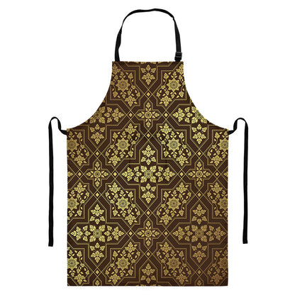 Gold And Brown Thai Pattern Print Bib Apron With Pocket