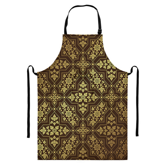 Gold And Brown Thai Pattern Print Bib Apron With Pocket