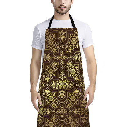 Gold And Brown Thai Pattern Print Bib Apron With Pocket