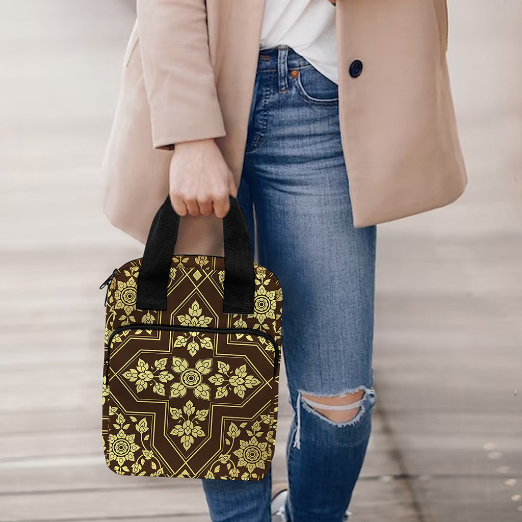 Gold And Brown Thai Pattern Print Bible Tote Bag