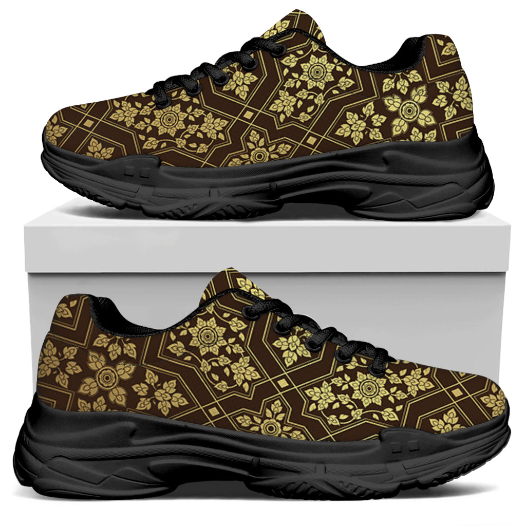 Gold And Brown Thai Pattern Print Black Chunky Shoes