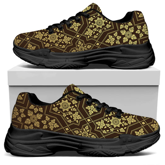 Gold And Brown Thai Pattern Print Black Chunky Shoes