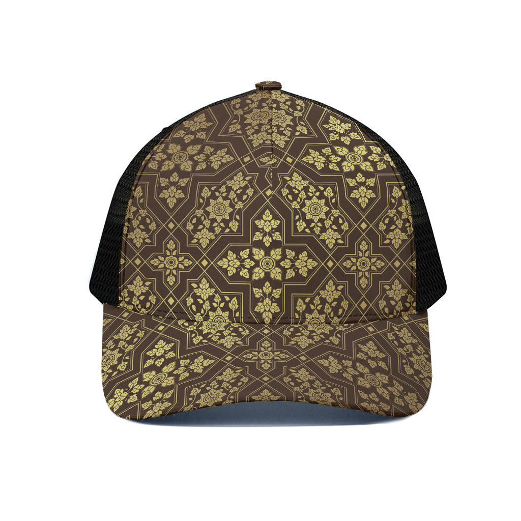 Gold And Brown Thai Pattern Print Black Mesh Trucker Cap