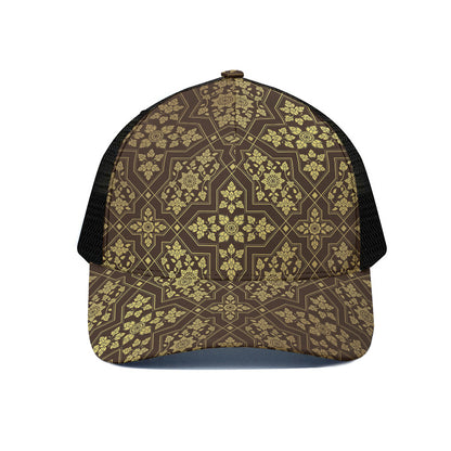 Gold And Brown Thai Pattern Print Black Mesh Trucker Cap