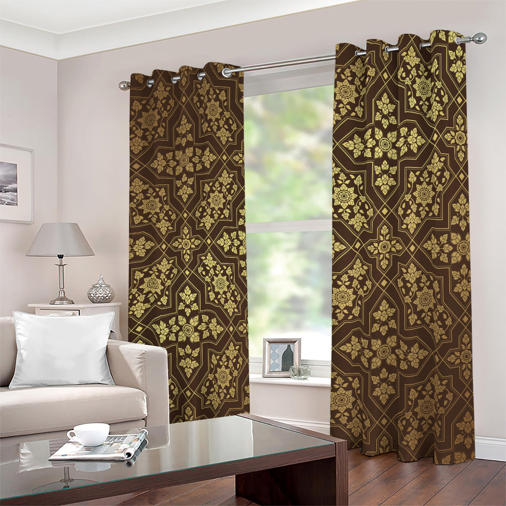 Gold And Brown Thai Pattern Print Blackout Grommet Curtains