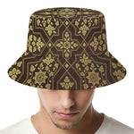 Gold And Brown Thai Pattern Print Bucket Hat