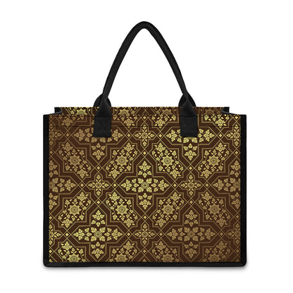 Gold And Brown Thai Pattern Print Canvas Tote Bag